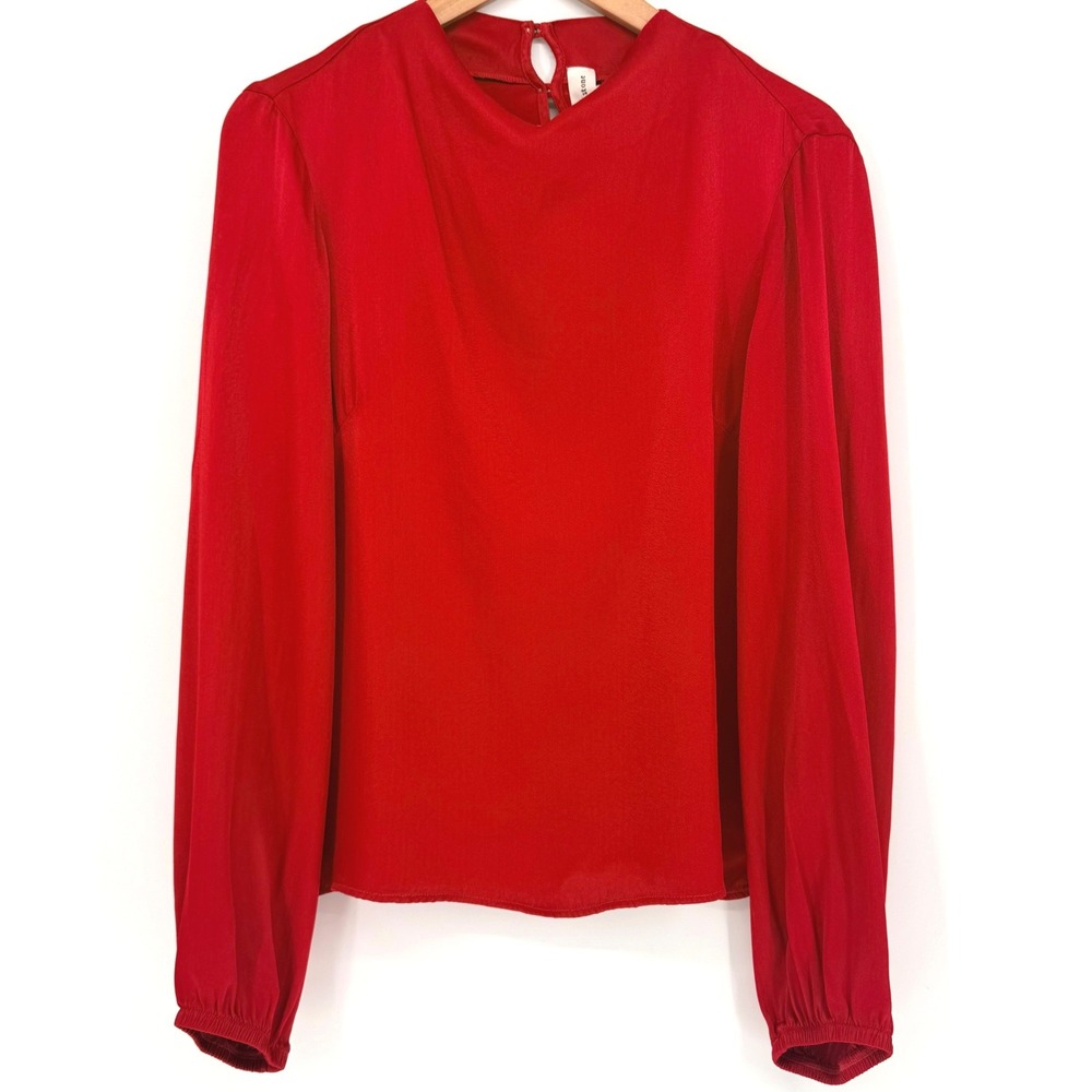Anthro Cloth & Stone Silky Red Satin High Neck Keyhole Back Blouse Long Sleeve S